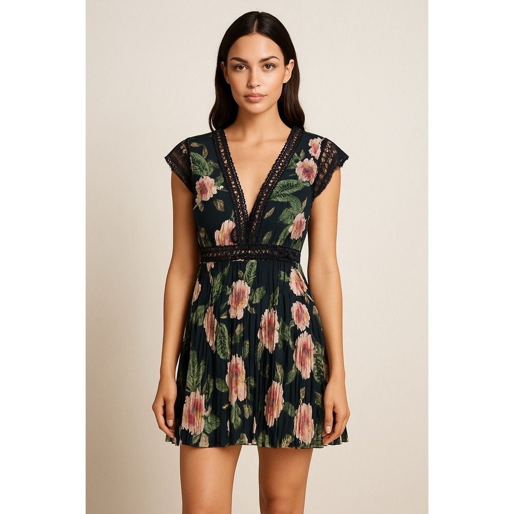DELFI Collective Anthropologie Floral Lace Panel Pleated Mini Dress Black Pink M